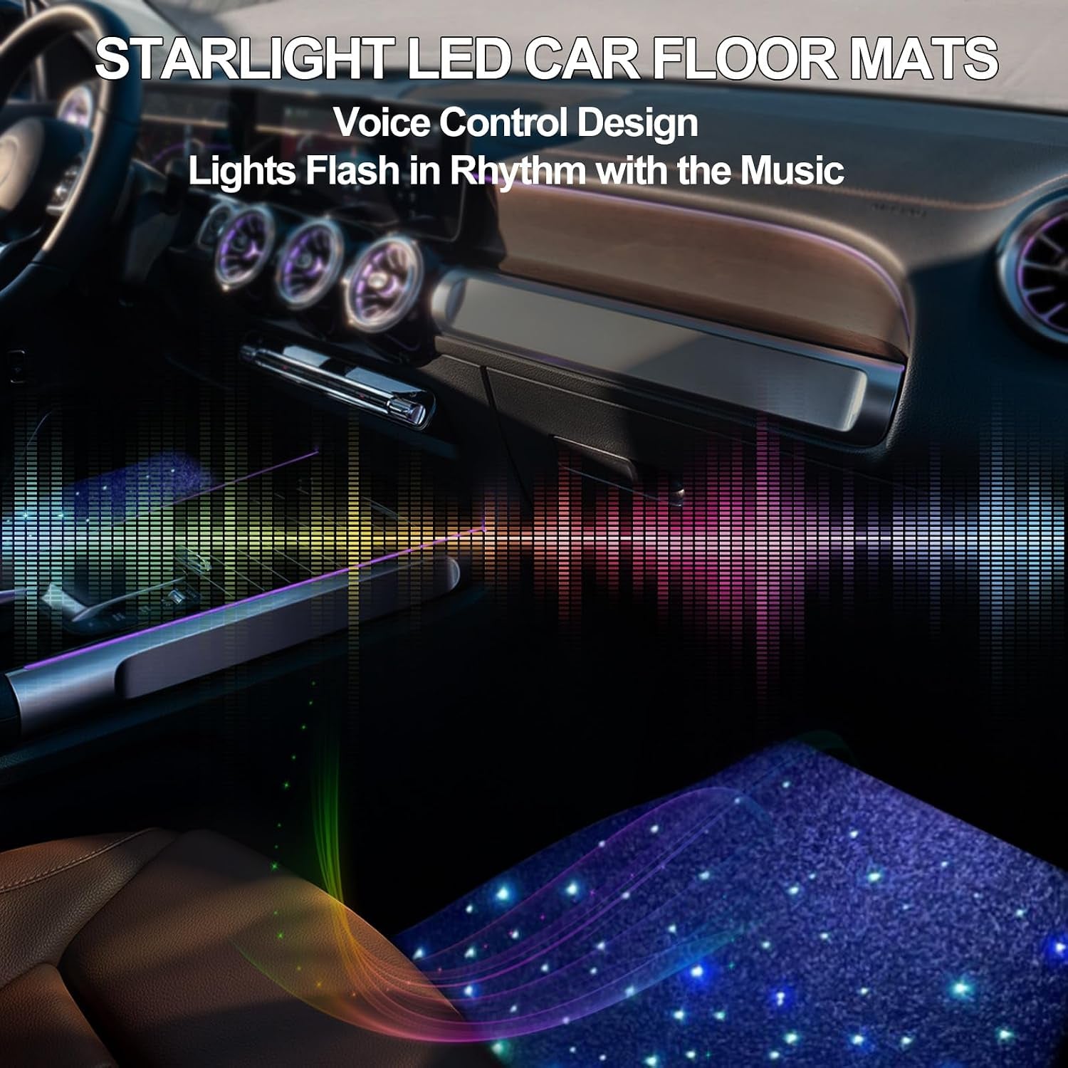 Starlight Floor Mats for Car, LED Fiber Optic Mats with App Control, Universal Fit - Waterproof Washable, Full Set Shiny Starry Sky Non-Slip Car Mat - USB Cable