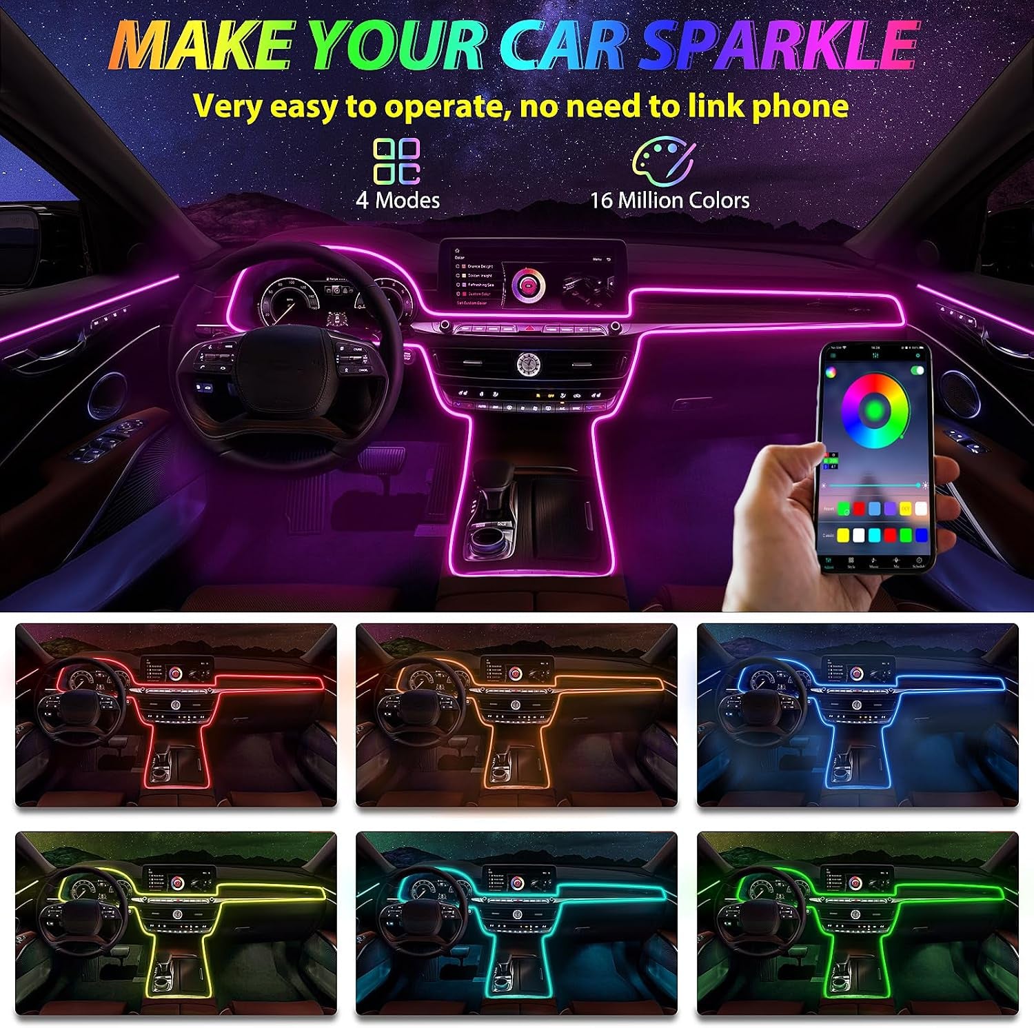 5 in 1 Car Led Strip Lights with App Control, RGB Colors Interior Car Lights, Ambient Led Lighting Kit, 4 Light Flashing Modes, USB Neon Accessories for Doors, Center Console