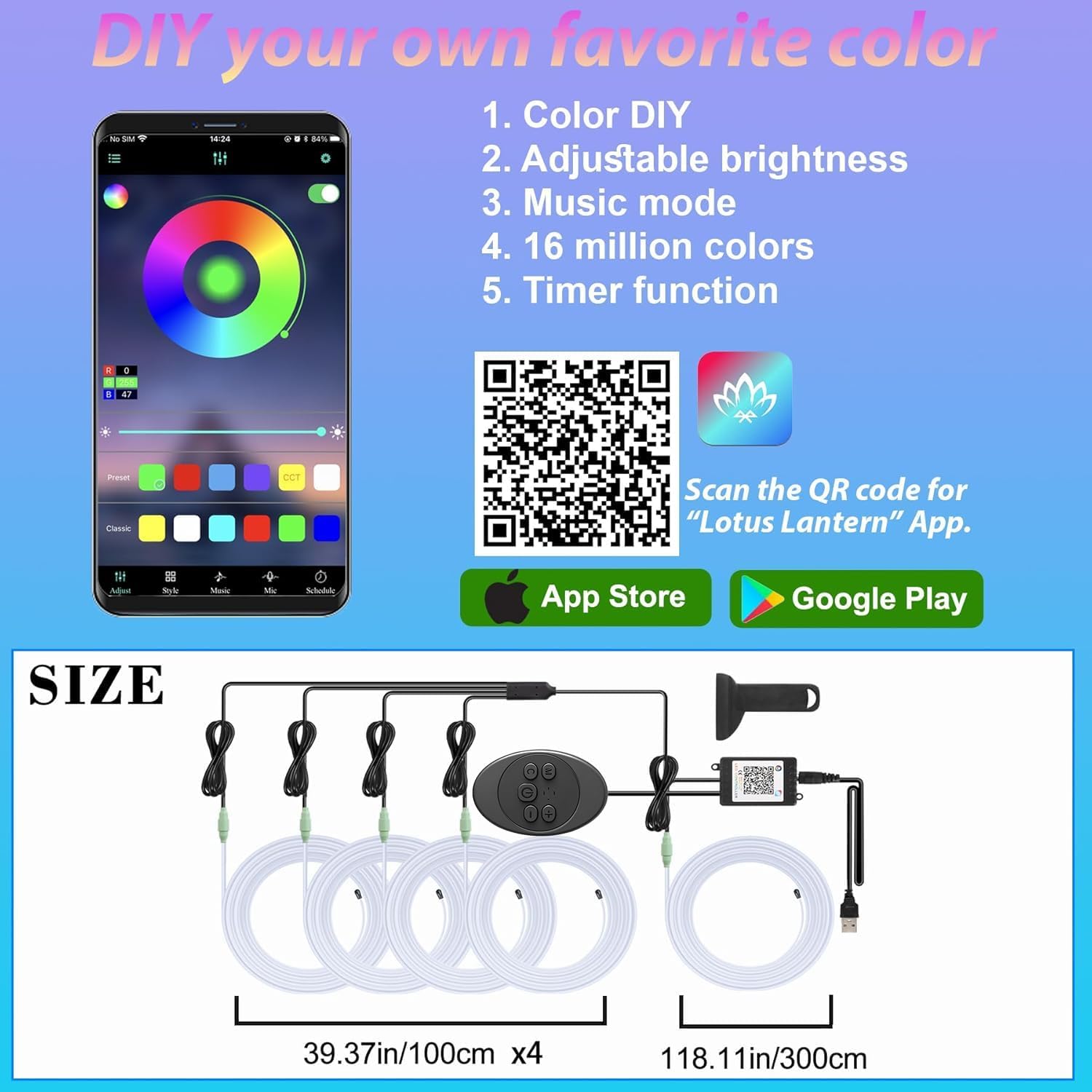 5 in 1 Car Led Strip Lights with App Control